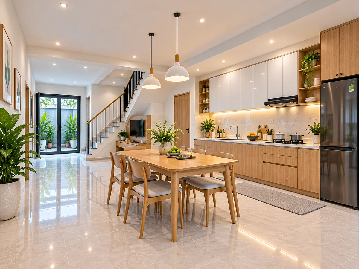 Không gian bếp gia đình được tổ chức lại với hệ tủ và mặt bàn sử dụng thuận tiện
