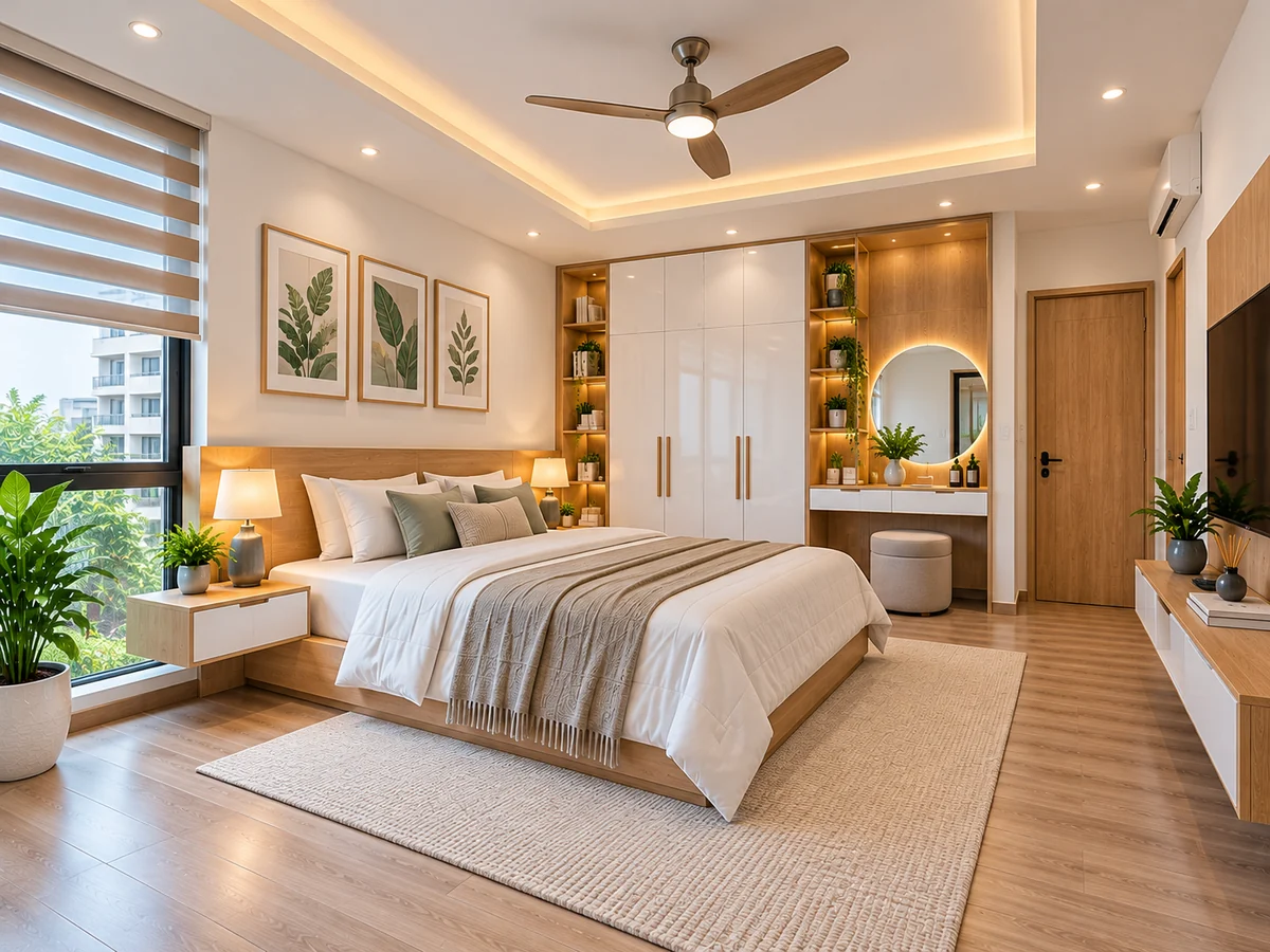 Phòng ngủ hiện đại có bố trí giường, tủ và ánh sáng ấm