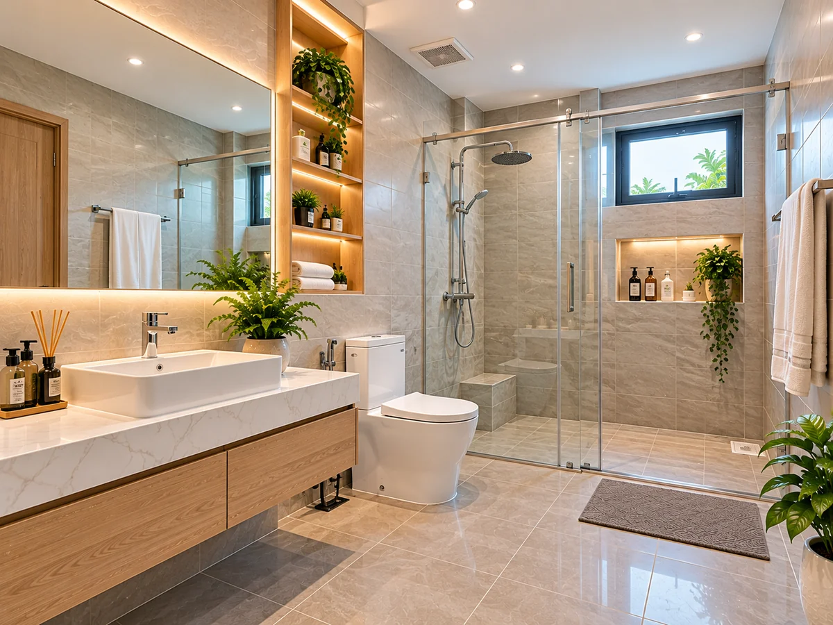 Phòng tắm hoàn thiện với khu vực tắm và thiết bị vệ sinh bố trí gọn gàng